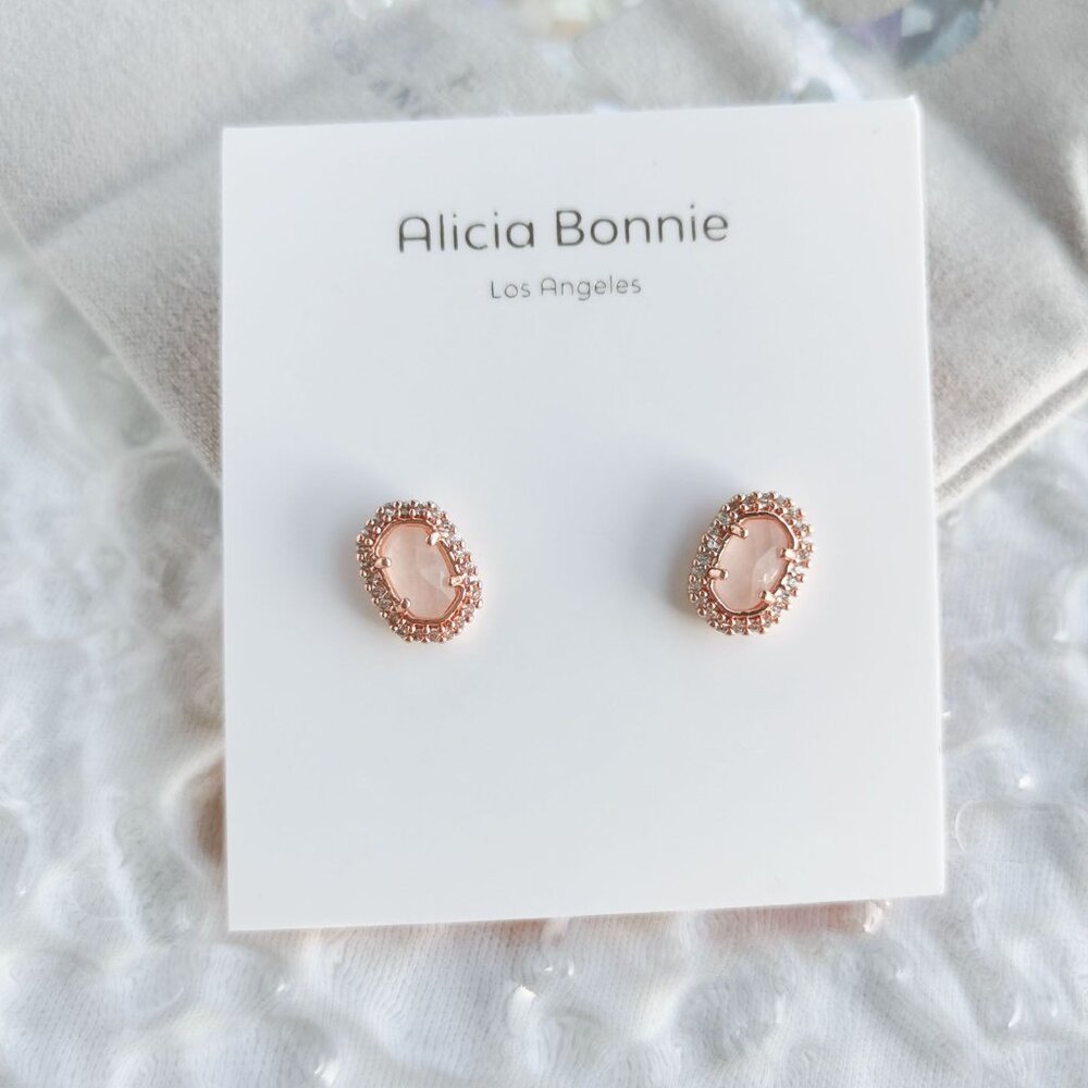Alicia Bonnie - Destiny Rose Gold Rose Quartz Stud Earrings - new